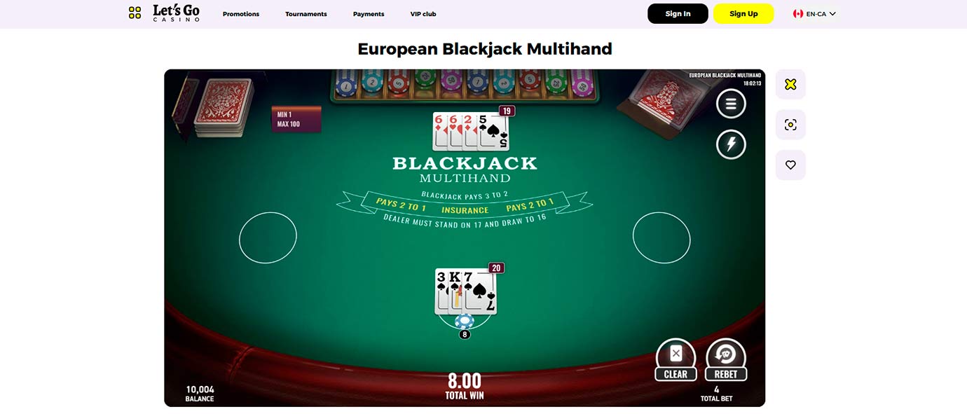European Blackjack Multihand at Let`s Go Casino
