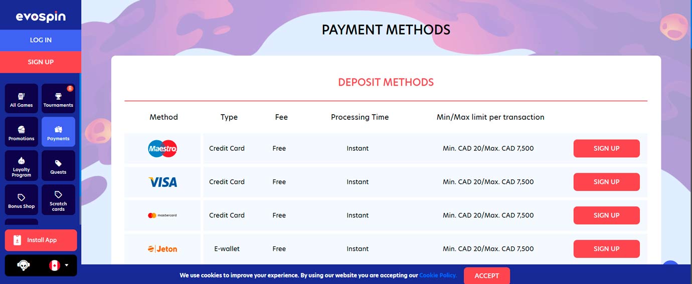 Evospin Casino Payment Methods