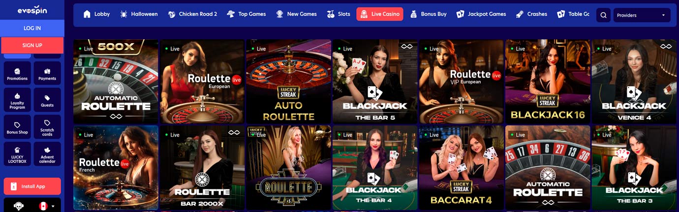 Evospin casino live dealer section