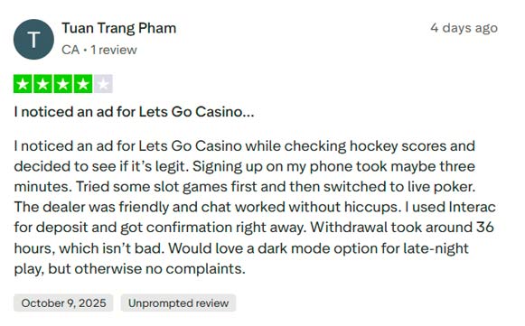 Trustpilot review praising Let’s Go Casino's quick sign-up and withdrawals.