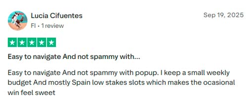 Trustpilot review by Lucia praising Rolling Slots Casino's clean design and responsible gaming