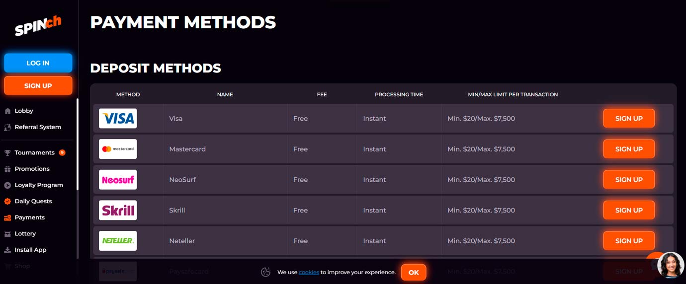 Spinch payment methods