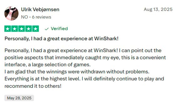 WinShark 5-star Trustpilot review screenshot