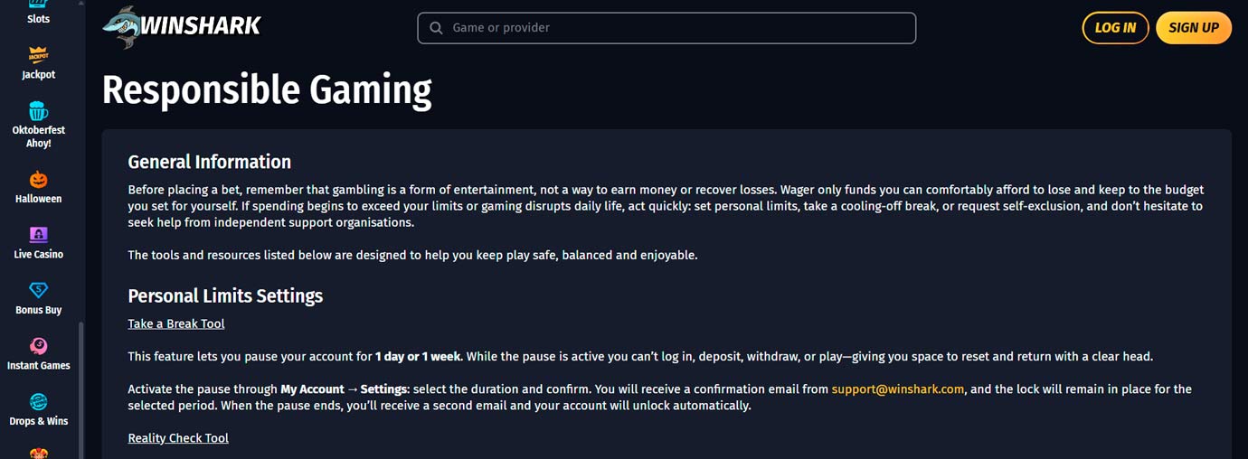 Winshark responsible gambling